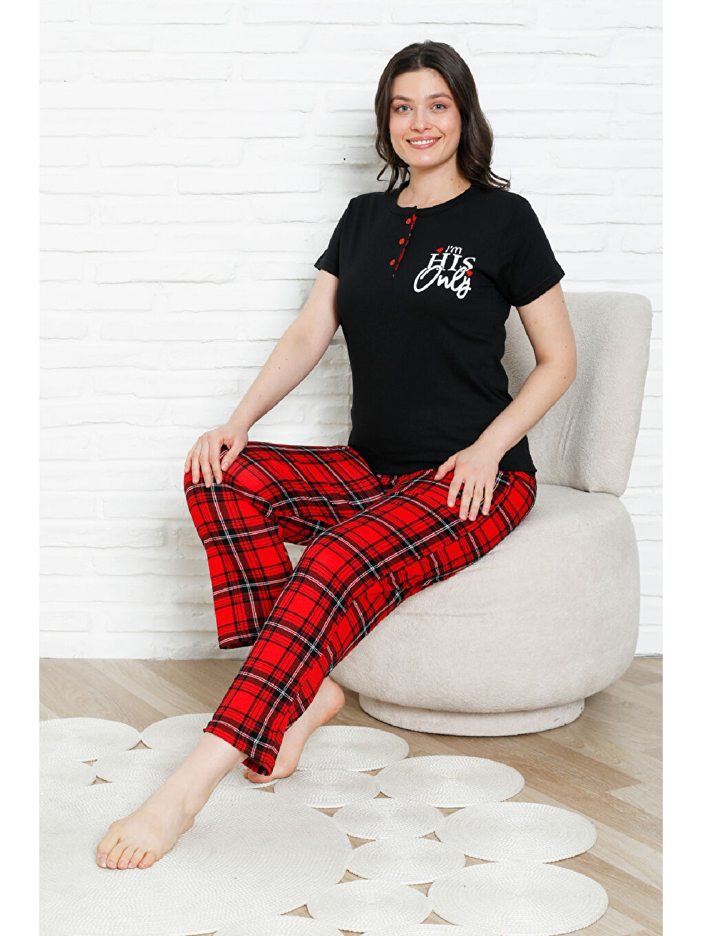 Siyah Kadın Pijama Takımı - Ekose Altlı- 3 Düğmeli-%100 Pamuklu 12387-1