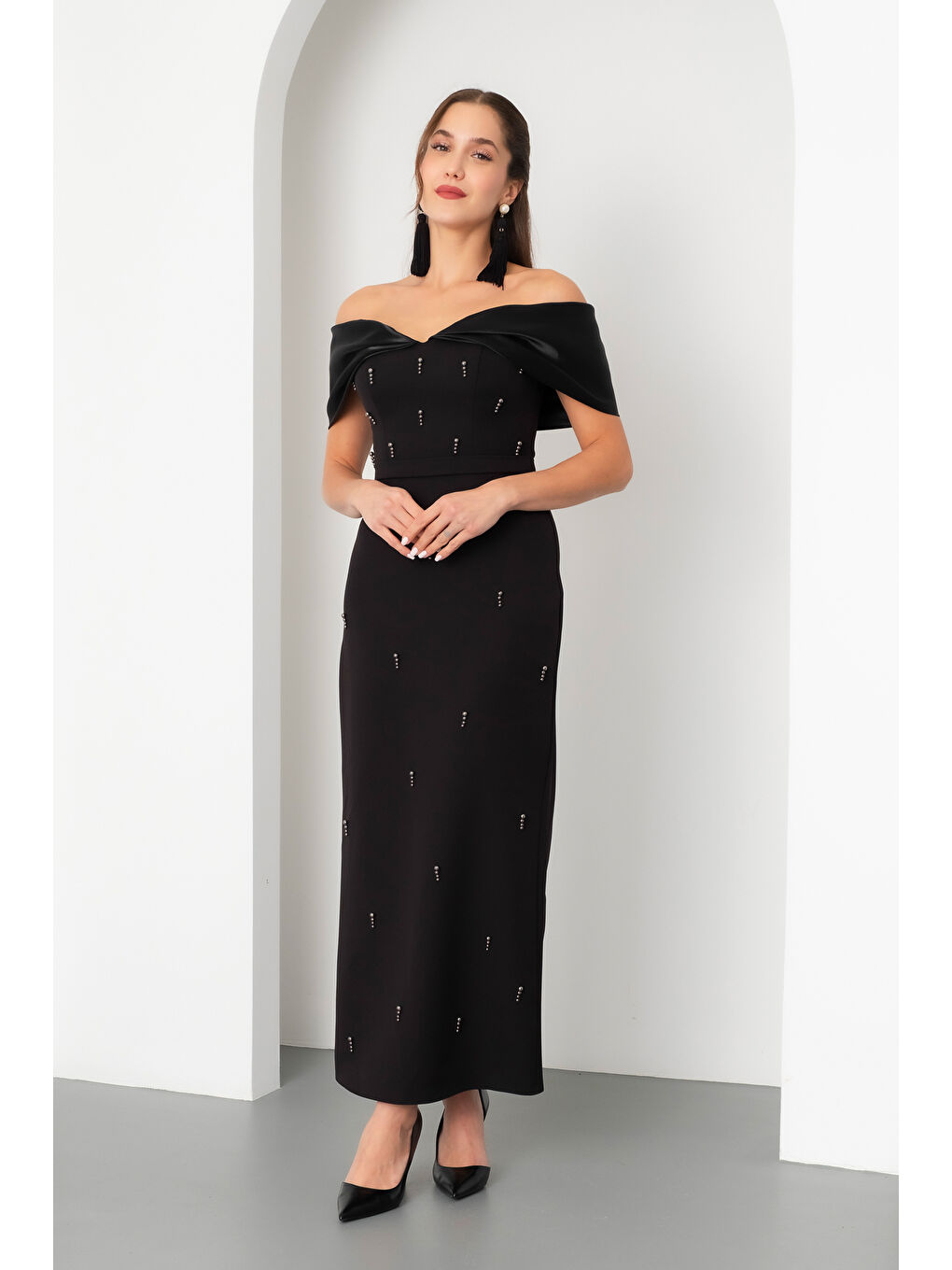 Kadın Siyah Kayık Yaka İncili Söz Nişan Nikah Abiye Elbise-2