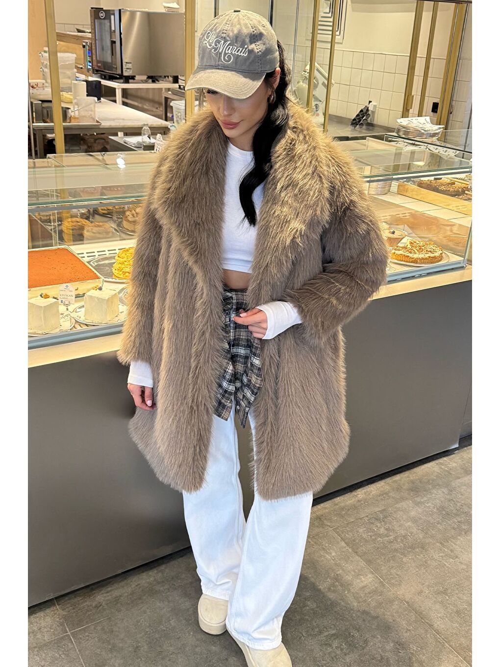 Bej Kadın Astarlı Kürklü Uzun Mont-2