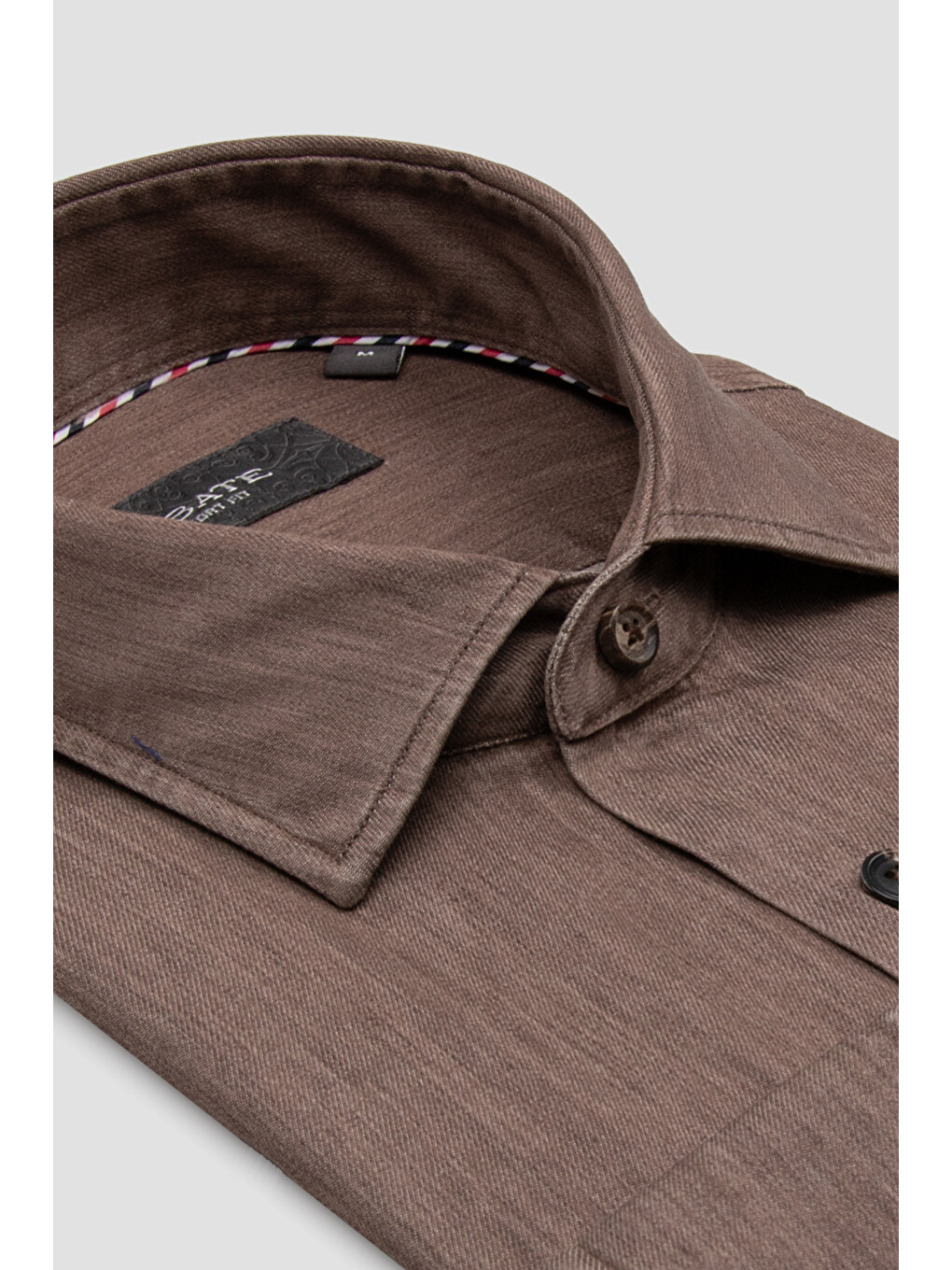 Santo Twill Pamuklu Comfort Fit Kahverengi Düğmeli Yaka Erkek Düz Gömlek-1