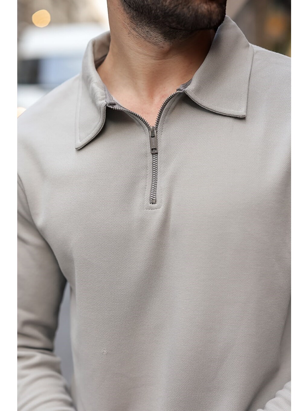 Boyalı Gri Yarım Fermuarlı Polo Yaka Dokulu Erkek Sweatshırt E7197-2