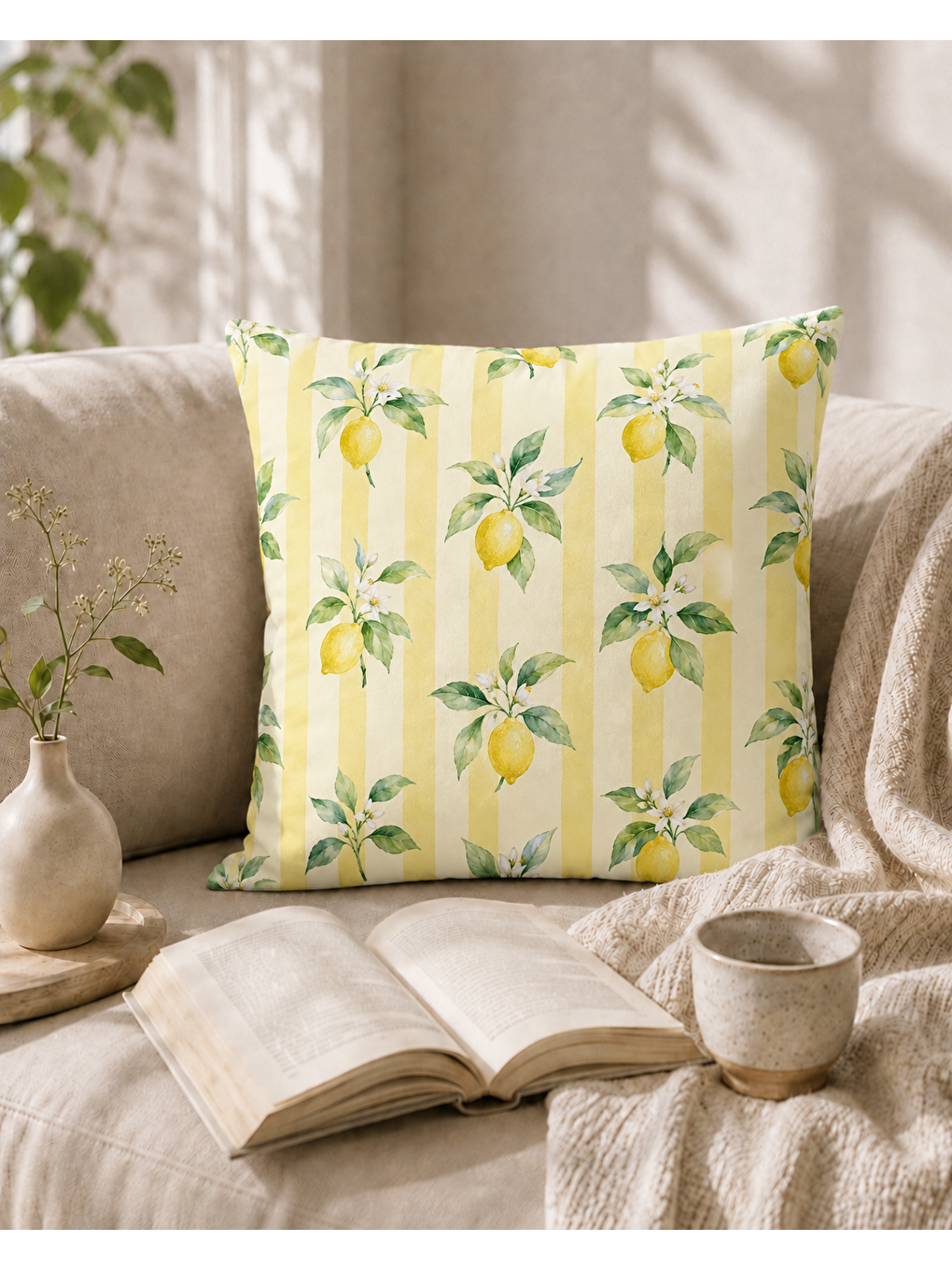 Sarı Limon Çiçeği Desenli Dekoratif Kırlent Kılıfı 43x43 Cm-7
