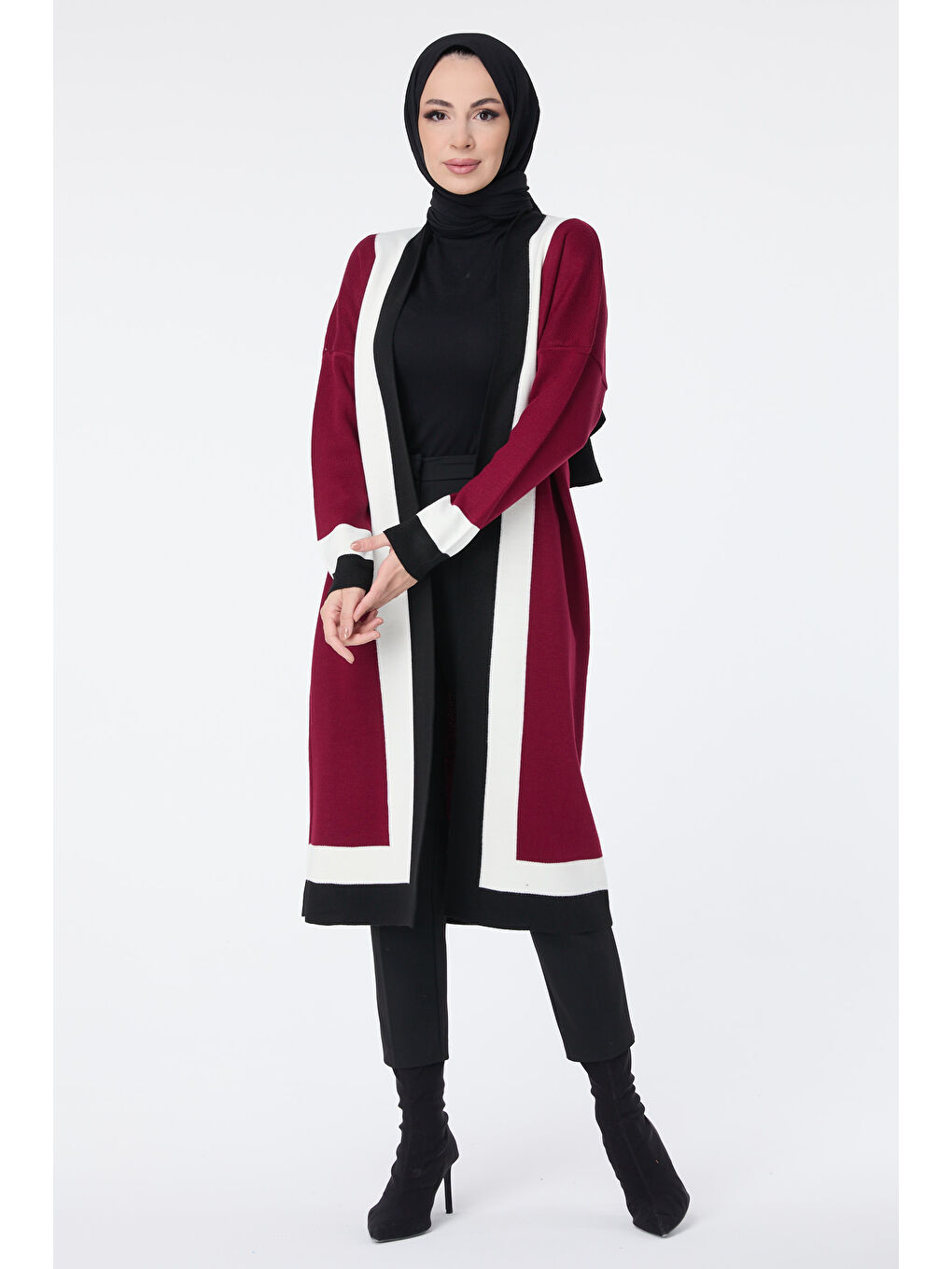 Kırmızı Şerit Detaylı Triko Uzun Hırka Kirmizi - 27625-1