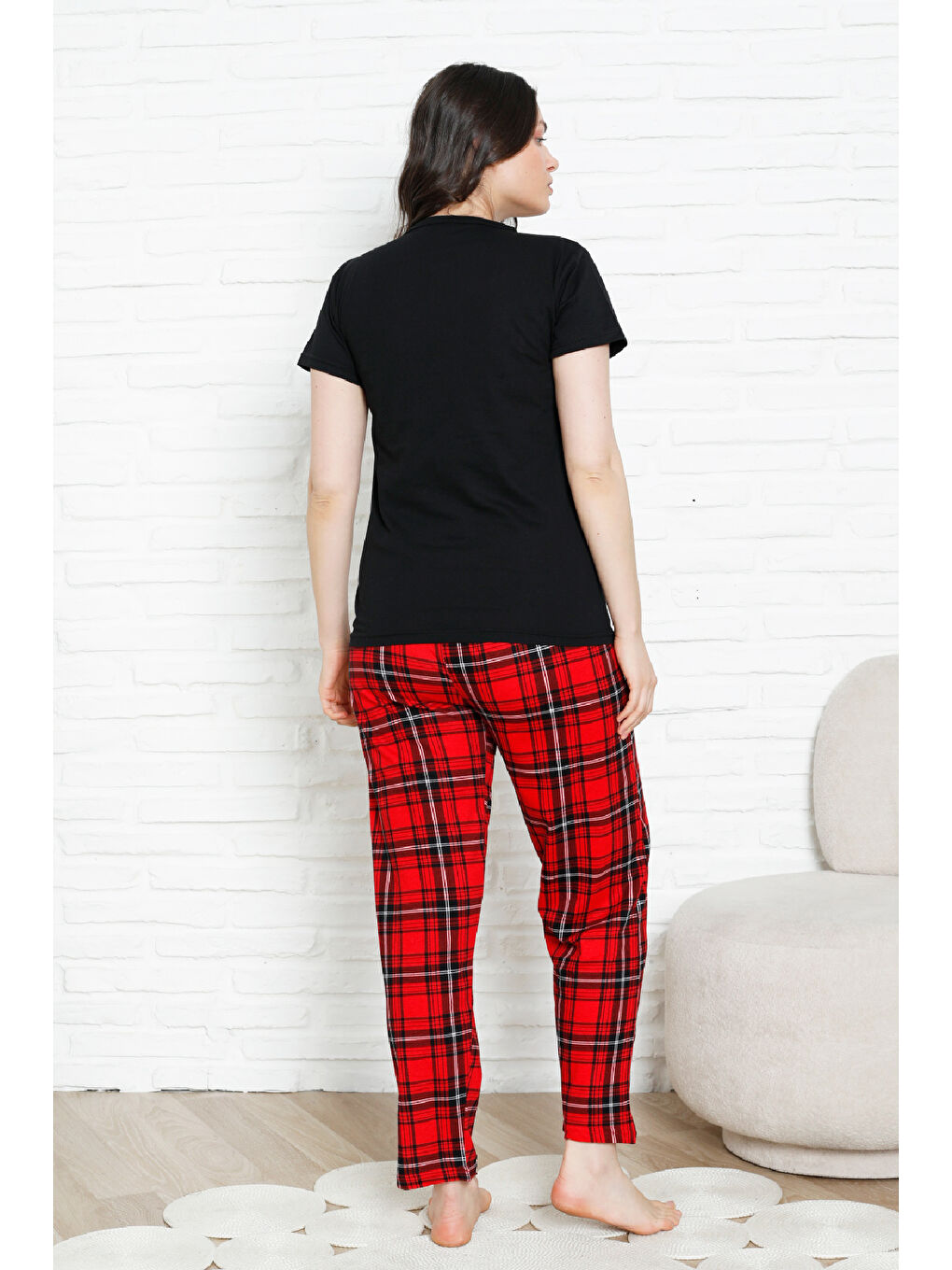 Siyah Kadın Pijama Takımı - Ekose Altlı- 3 Düğmeli-%100 Pamuklu 12387-2