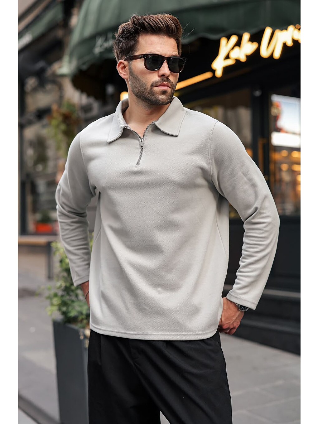 Boyalı Gri Yarım Fermuarlı Polo Yaka Dokulu Erkek Sweatshırt E7197-3