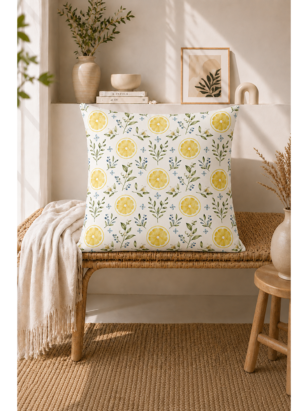 Sarı Limon Bahçesi Desenli Dekoratif Kırlent Kılıfı 43x43 Cm-1