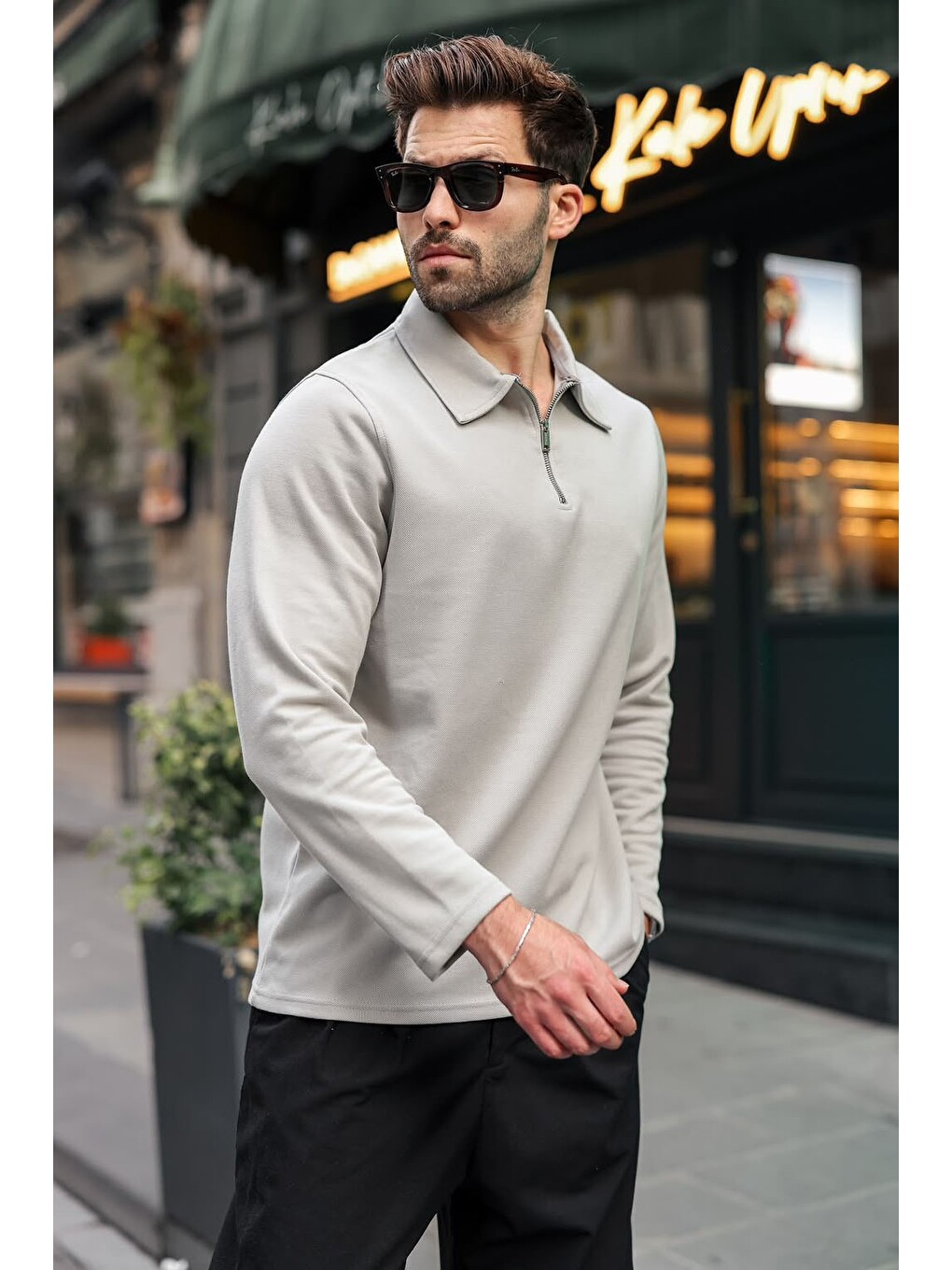 Boyalı Gri Yarım Fermuarlı Polo Yaka Dokulu Erkek Sweatshırt E7197-4