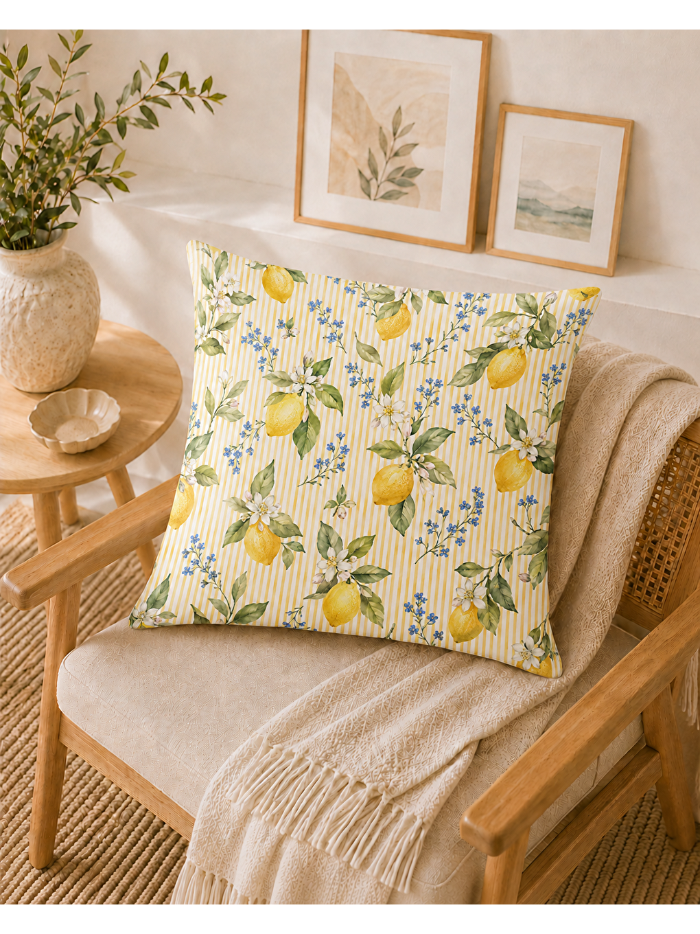 Turuncu Vintage Limon Dalları Desenli Dekoratif Kırlent Kılıfı 43x43 Cm-6
