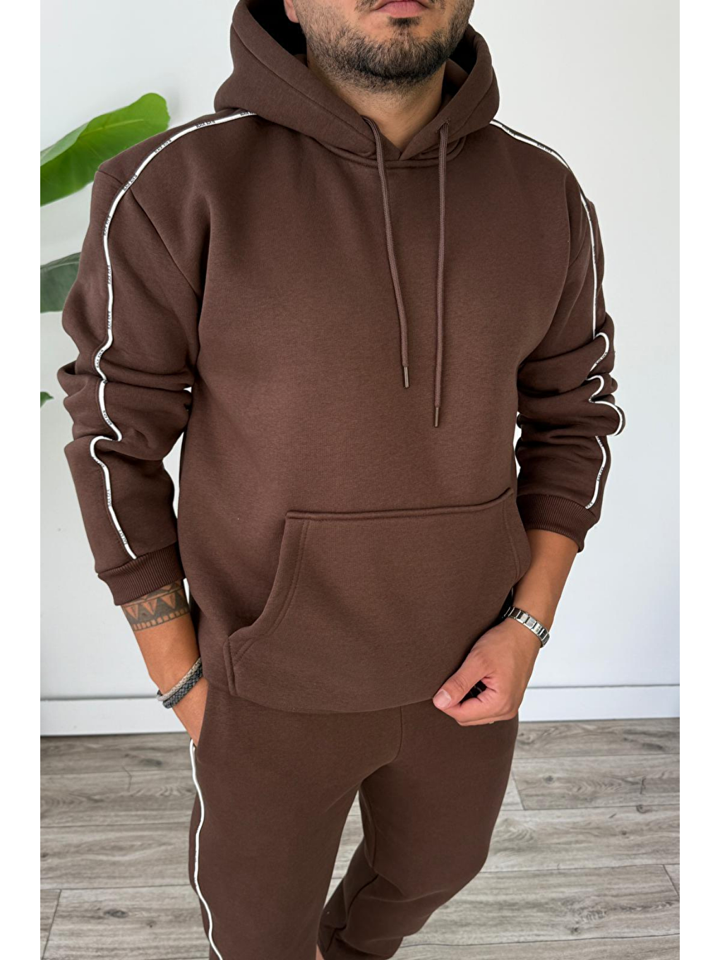 Erkek Kapüşonlu Kanguru Cepli Biyeli Alt Üst Takım Kahverengi-1