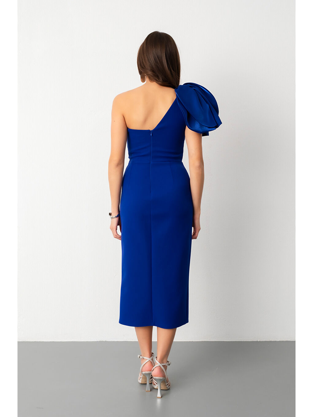 Mavi Kadın Saks Organze Detay Midi Söz Nişan Nikah Abiye Elbise-5