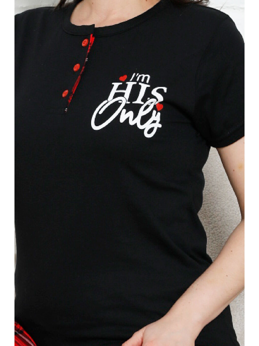 Siyah Kadın Pijama Takımı - Ekose Altlı- 3 Düğmeli-%100 Pamuklu 12387-4