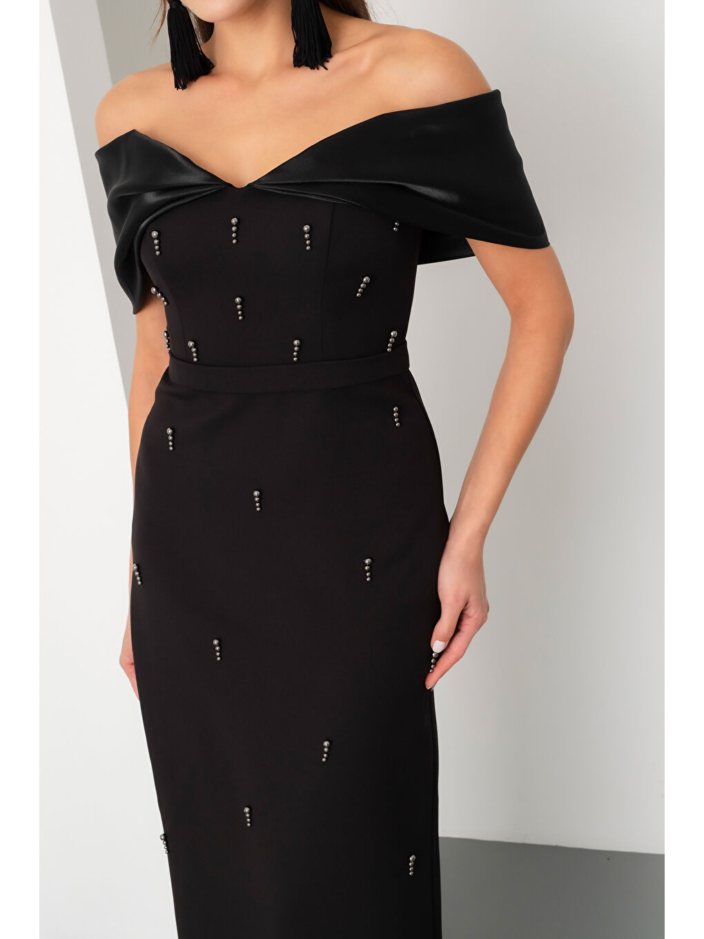 Kadın Siyah Kayık Yaka İncili Söz Nişan Nikah Abiye Elbise-3