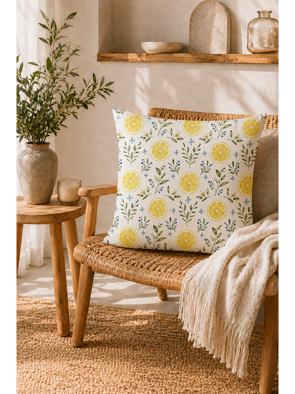 Sarı Limon Bahçesi Desenli Dekoratif Kırlent Kılıfı 43x43 Cm-2