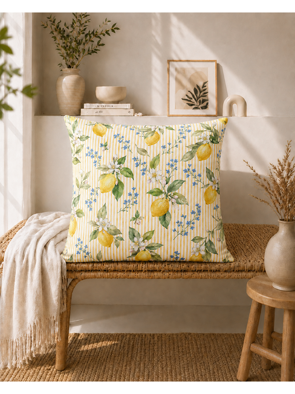 Turuncu Vintage Limon Dalları Desenli Dekoratif Kırlent Kılıfı 43x43 Cm-7
