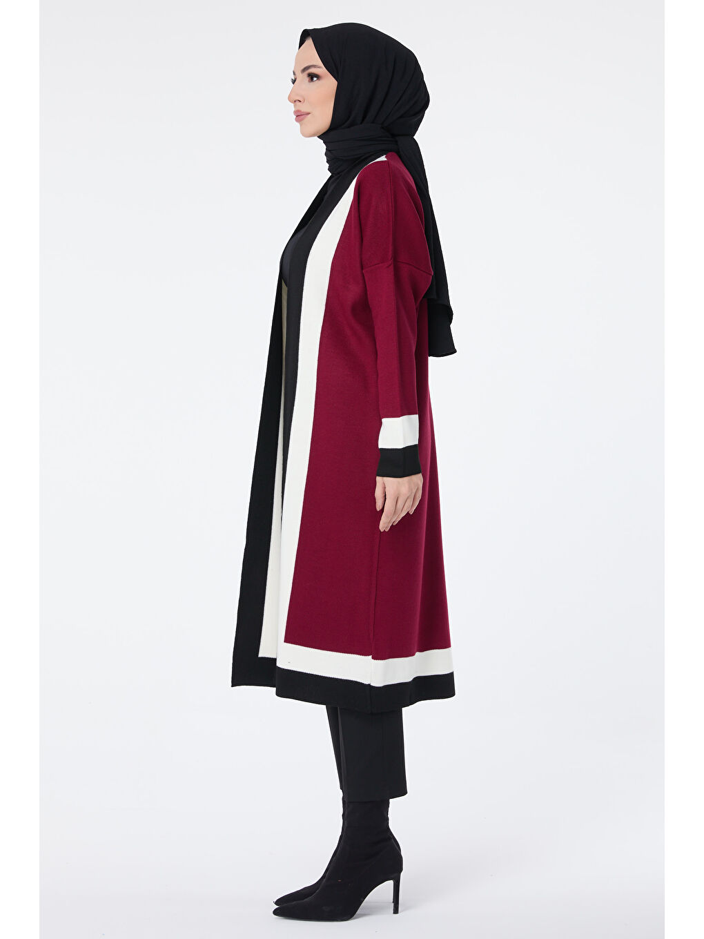 Kırmızı Şerit Detaylı Triko Uzun Hırka Kirmizi - 27625-2