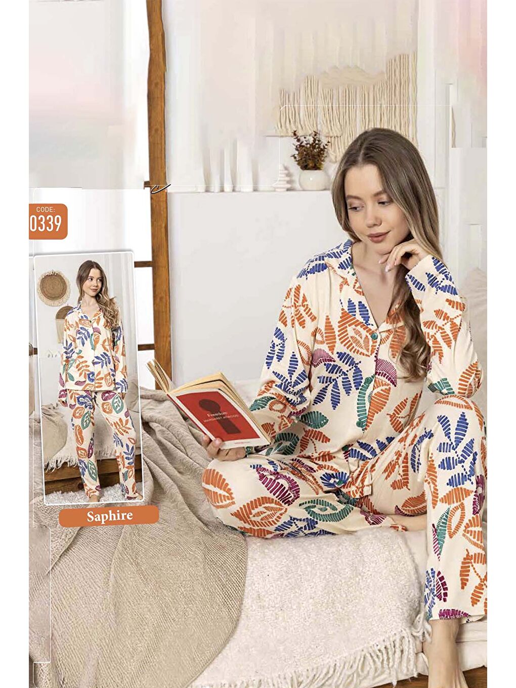 Kadın Yaprak Desen Düğmeli Saphire Pijama Takımı 0339 Sarı-1