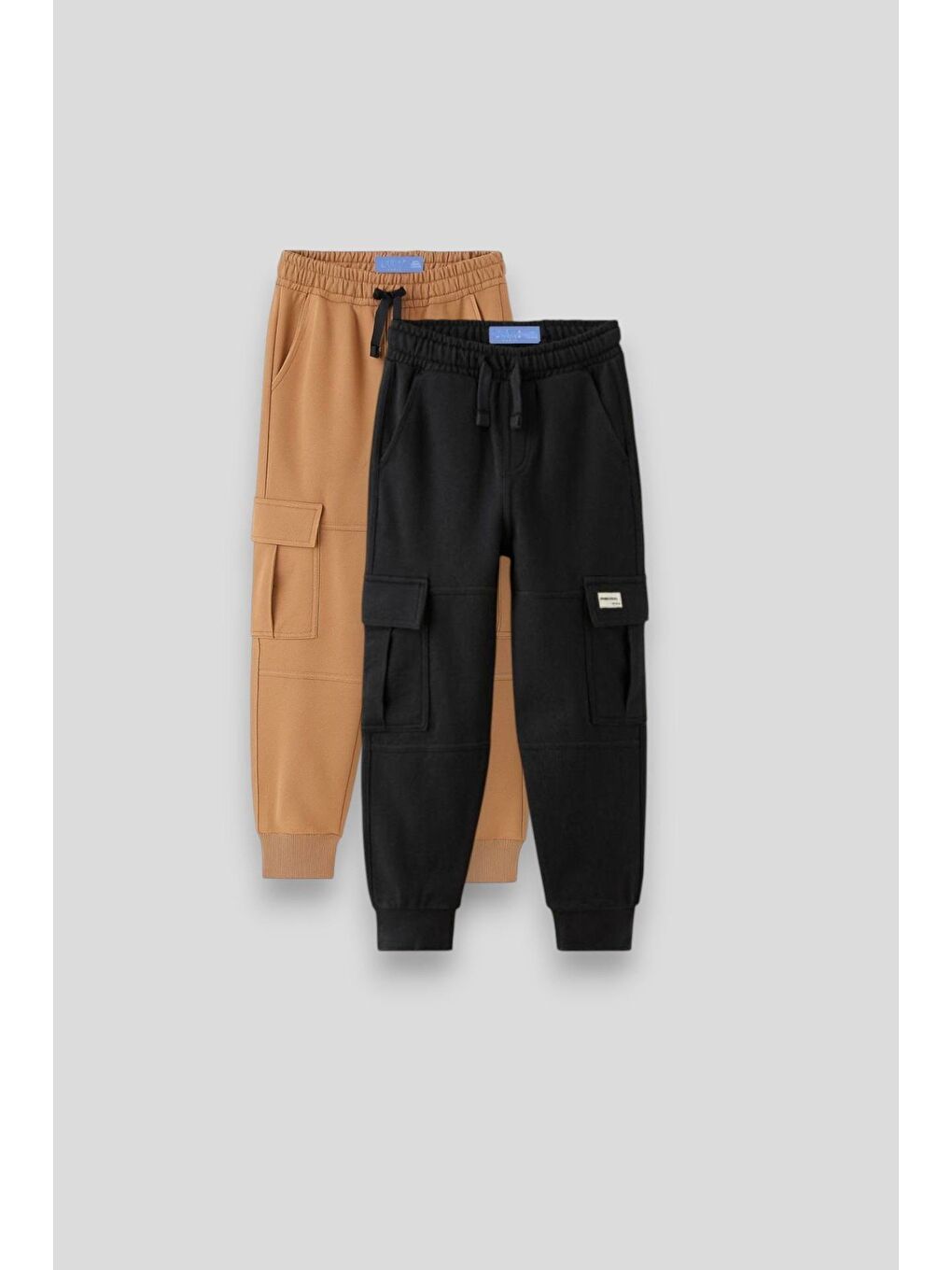 Karışık Unisex Çocuk Pamuklu Siyah Bej 2'Li Kargo Cepli Eşofman Altı Jogger Pantolon Seti