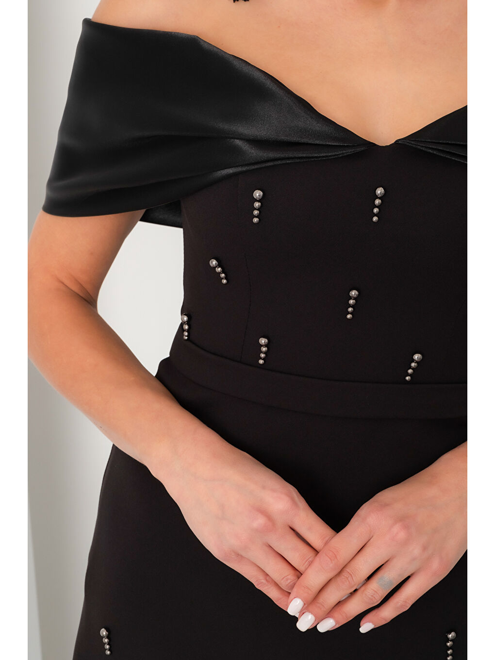 Kadın Siyah Kayık Yaka İncili Söz Nişan Nikah Abiye Elbise-4