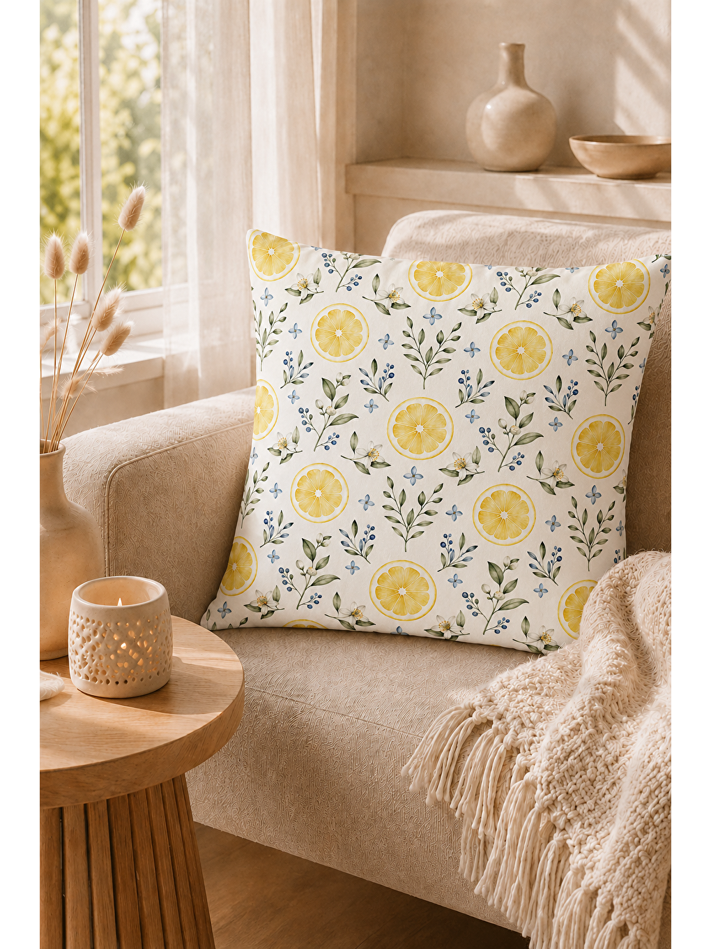 Sarı Limon Bahçesi Desenli Dekoratif Kırlent Kılıfı 43x43 Cm-3