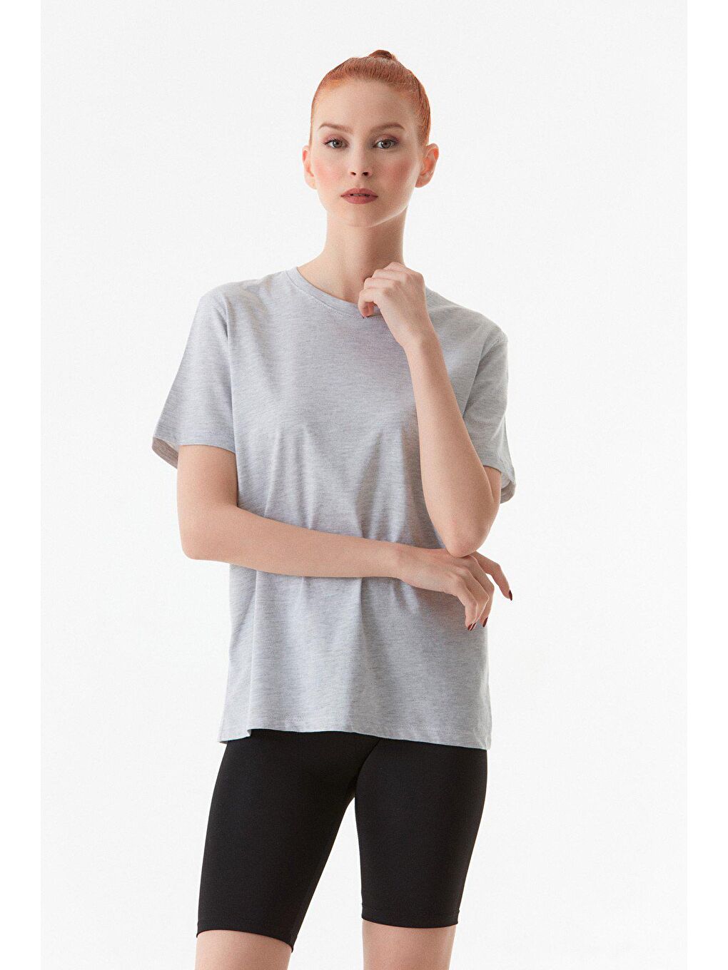 Gri Basic Bisiklet Yaka Oversize Tişört