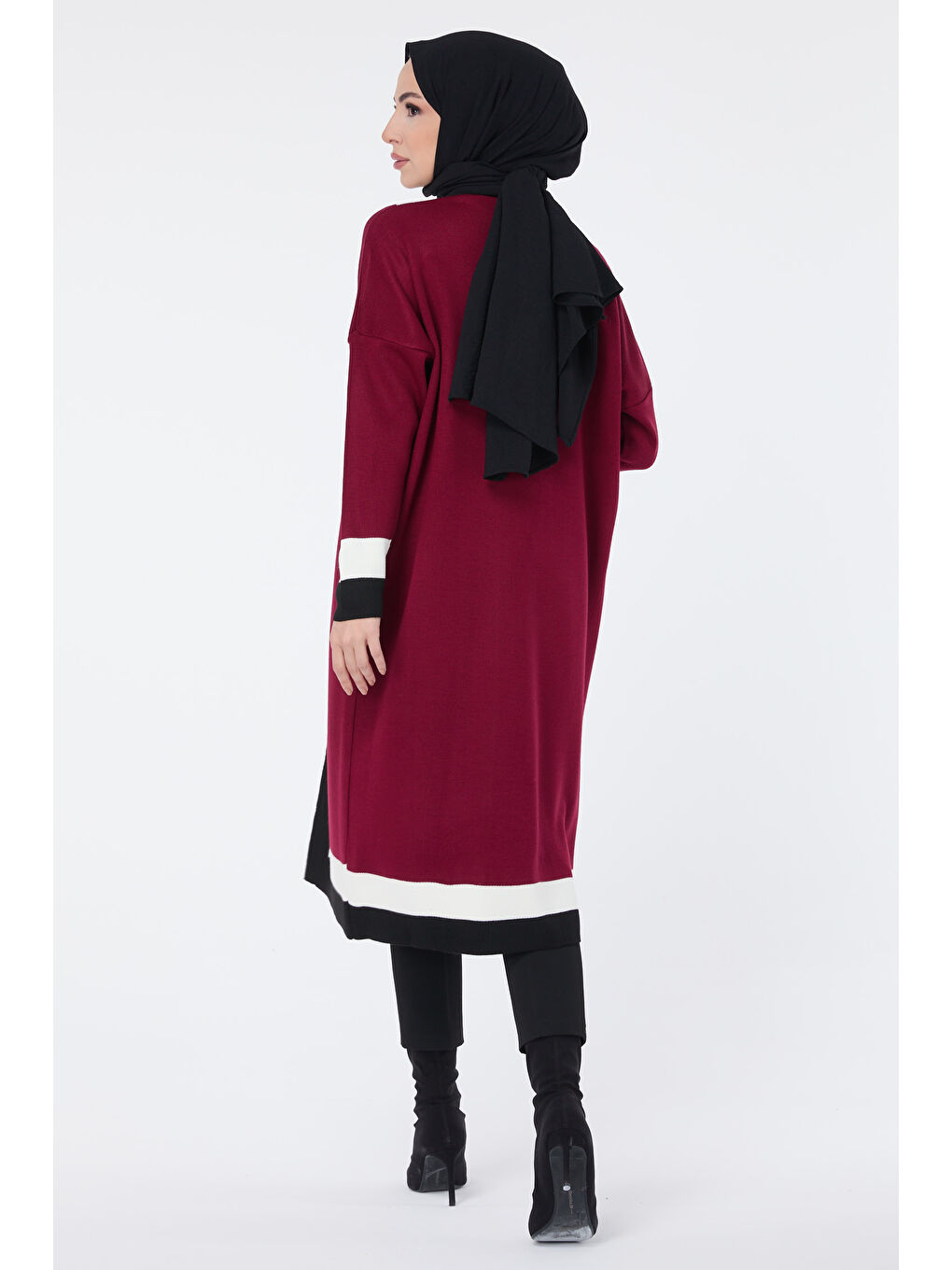 Kırmızı Şerit Detaylı Triko Uzun Hırka Kirmizi - 27625-3