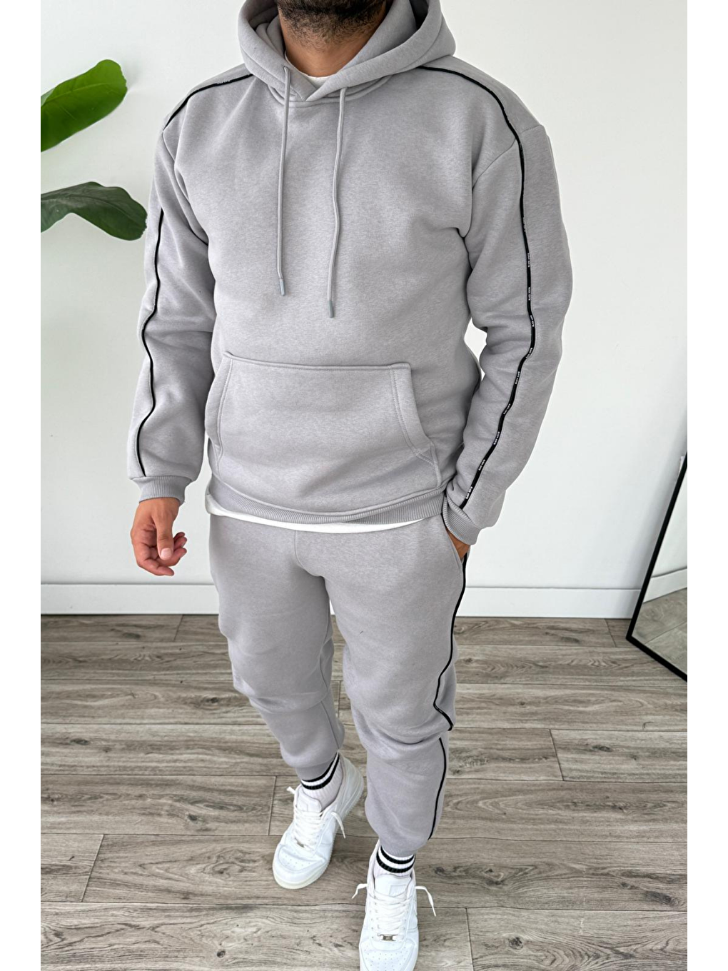 Erkek Kapüşonlu Kanguru Cepli Biyeli %100 Pamuk Alt Üst Takım Gri