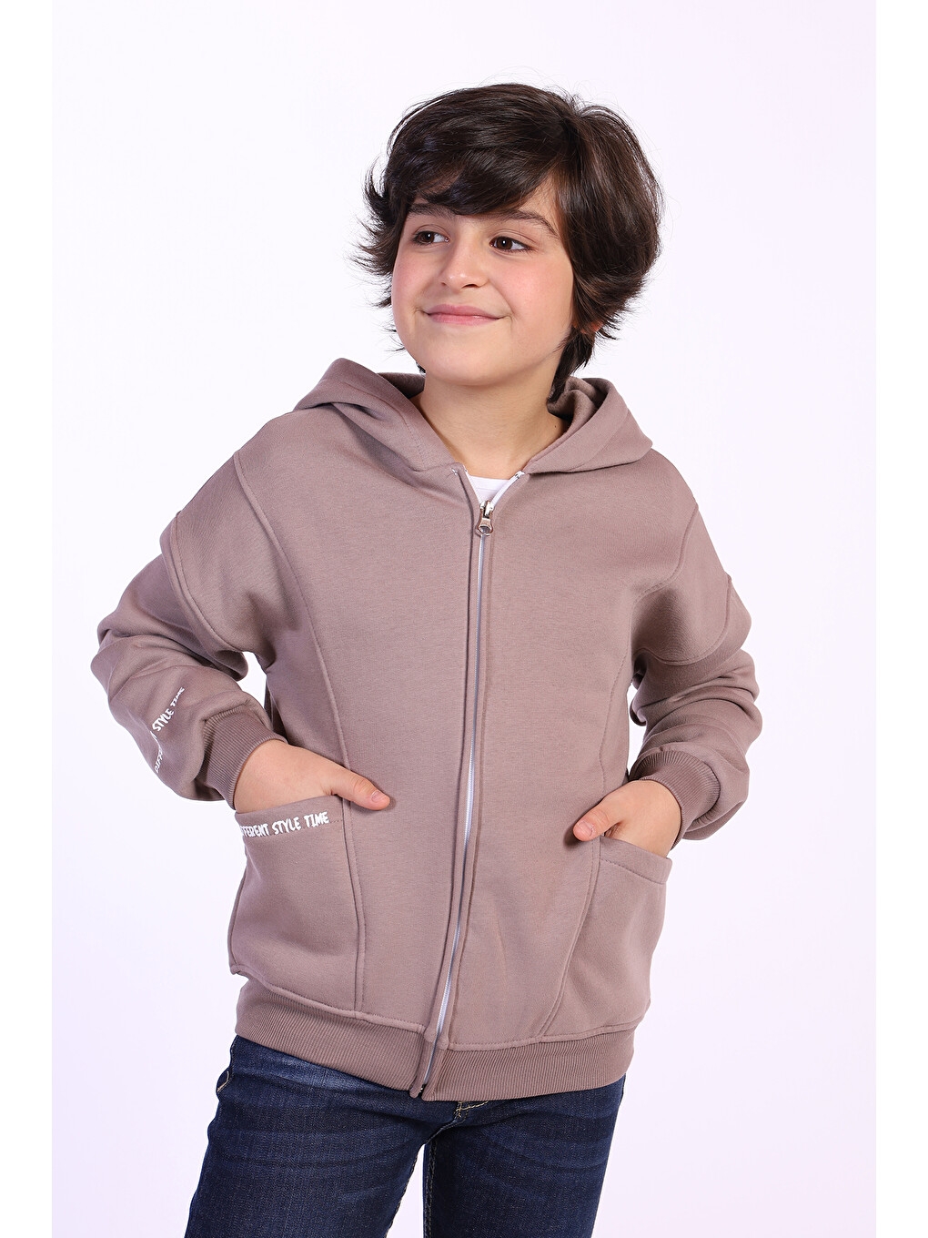 Kahverengi Erkek Çocuk Cep Dıfferent Style Tıme Baskılı Hırka