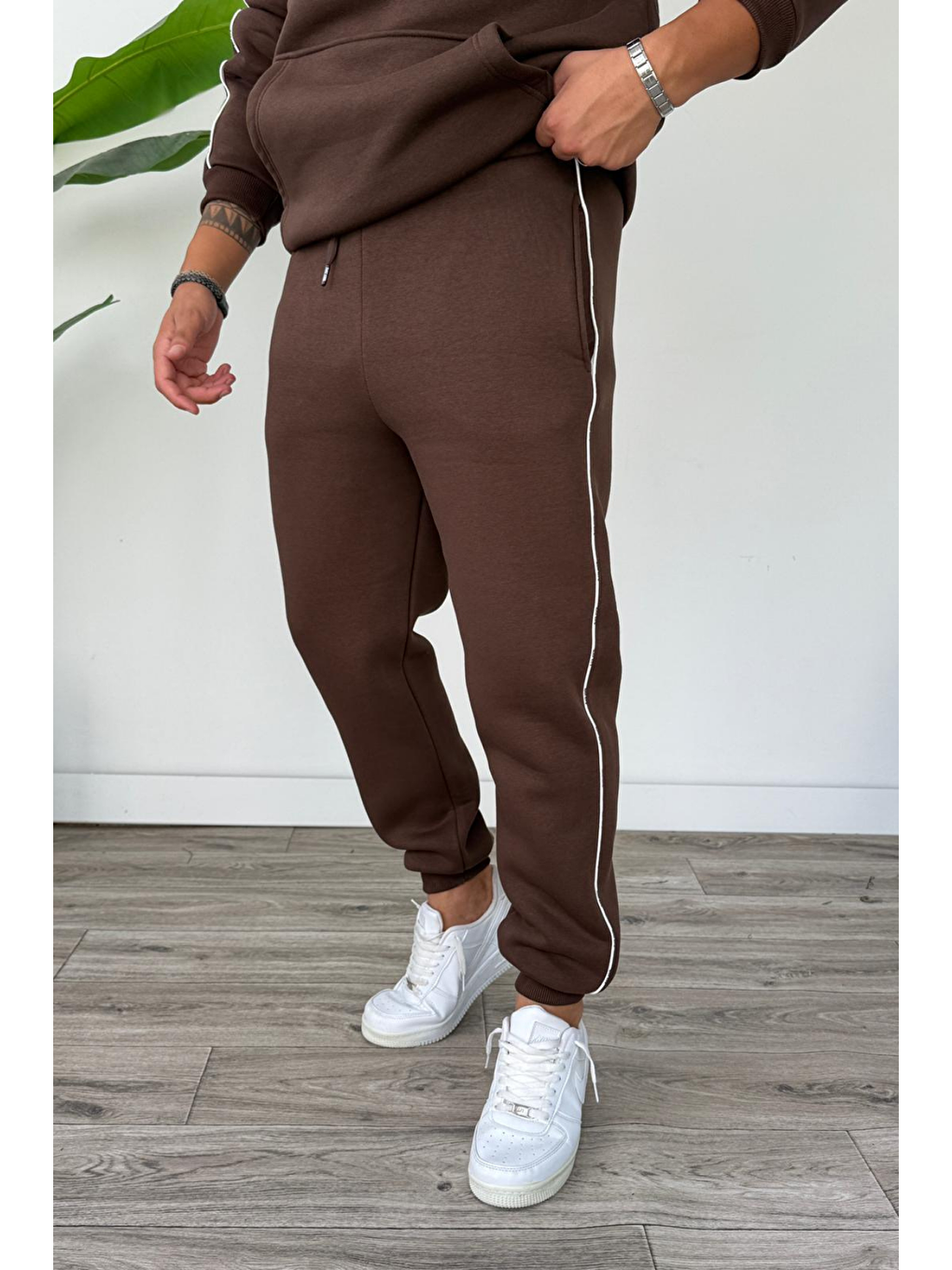 Erkek Kapüşonlu Kanguru Cepli Biyeli Alt Üst Takım Kahverengi-3