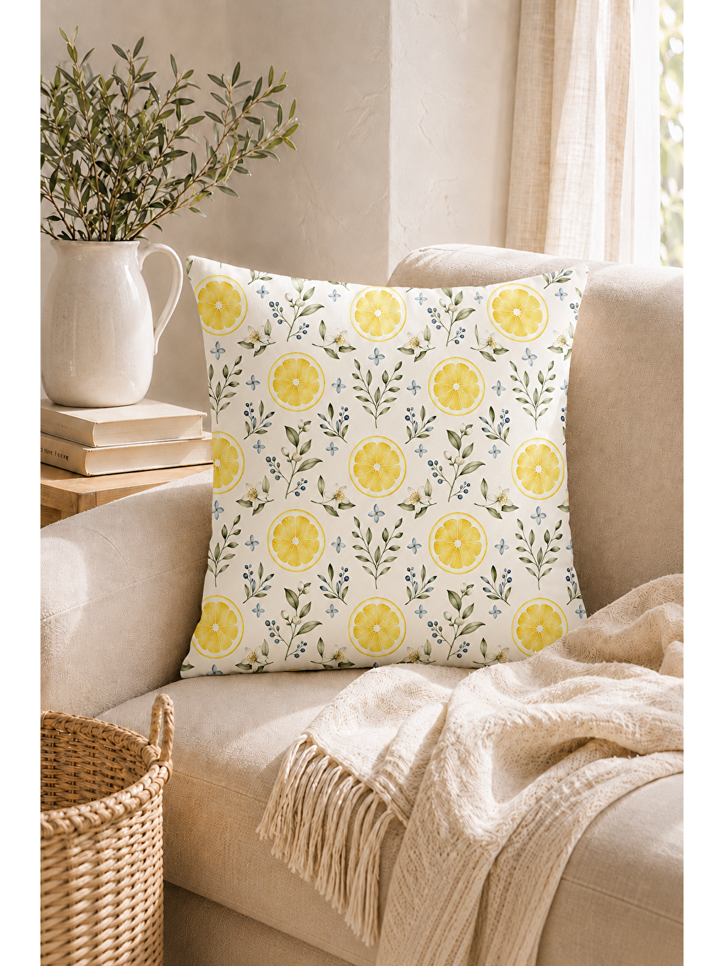 Sarı Limon Bahçesi Desenli Dekoratif Kırlent Kılıfı 43x43 Cm-4