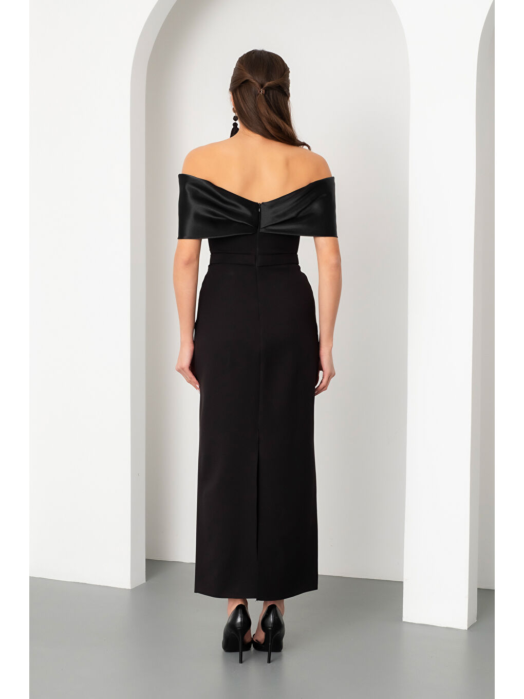 Kadın Siyah Kayık Yaka İncili Söz Nişan Nikah Abiye Elbise-5