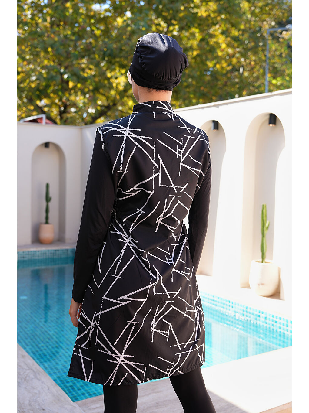 Siyah Paraşüt Kumaş Fermuarlı Jile Model Taytlı Kapalı Tesettür Mayo 3863-4