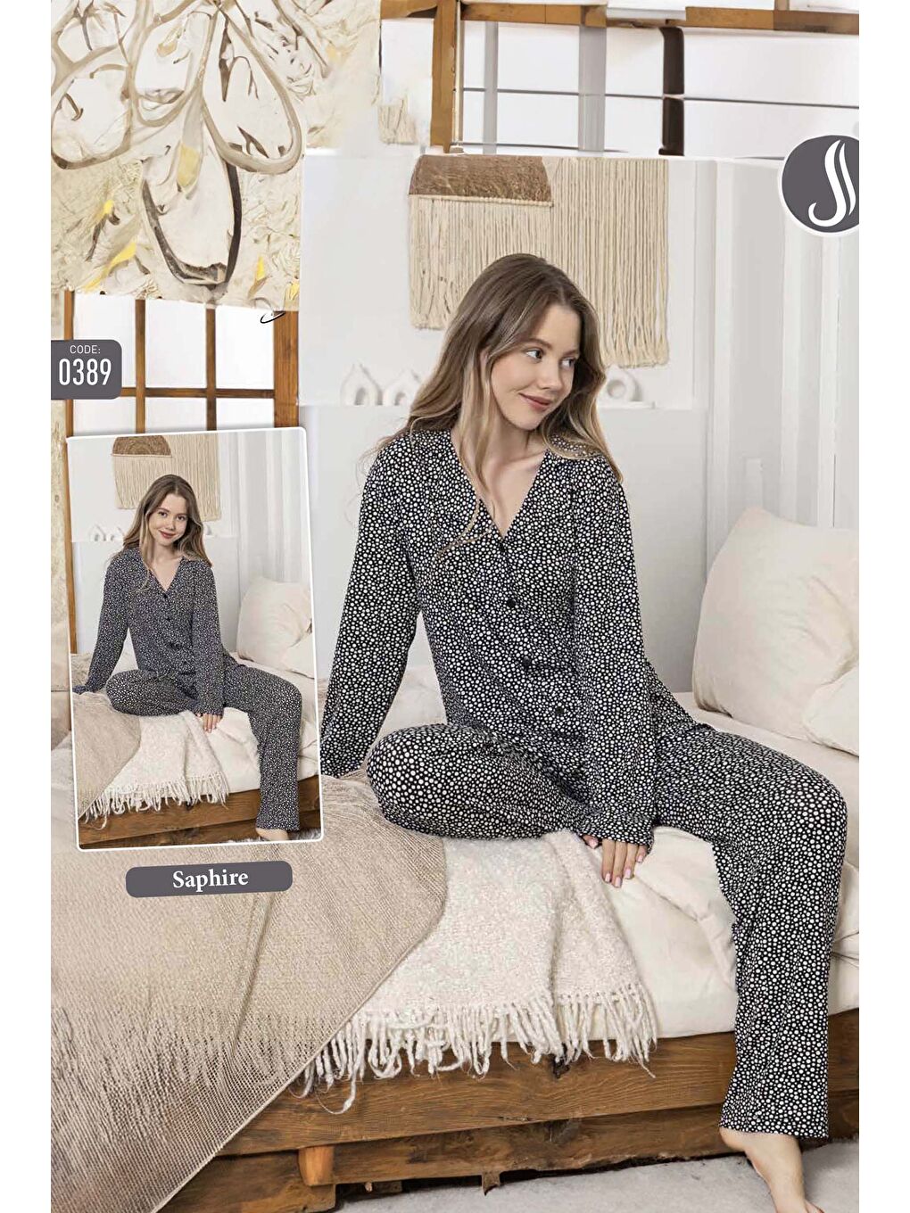 Kadın Benek Desen Düğmeli Saphire Pijama Takımı 0389 Siyah-1