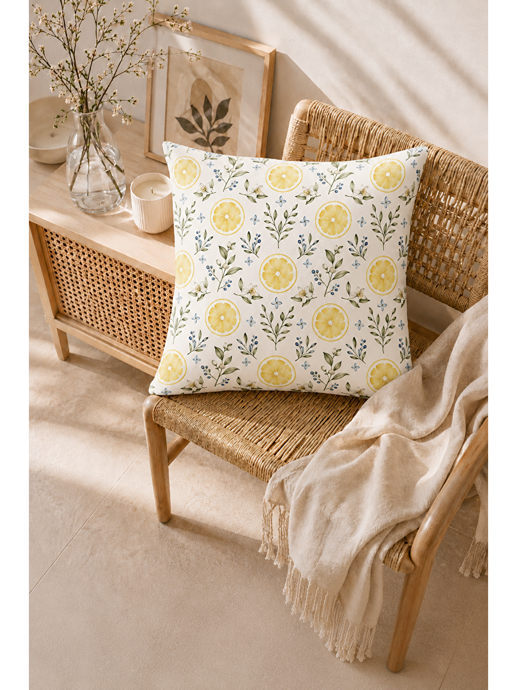 Sarı Limon Bahçesi Desenli Dekoratif Kırlent Kılıfı 43x43 Cm-5