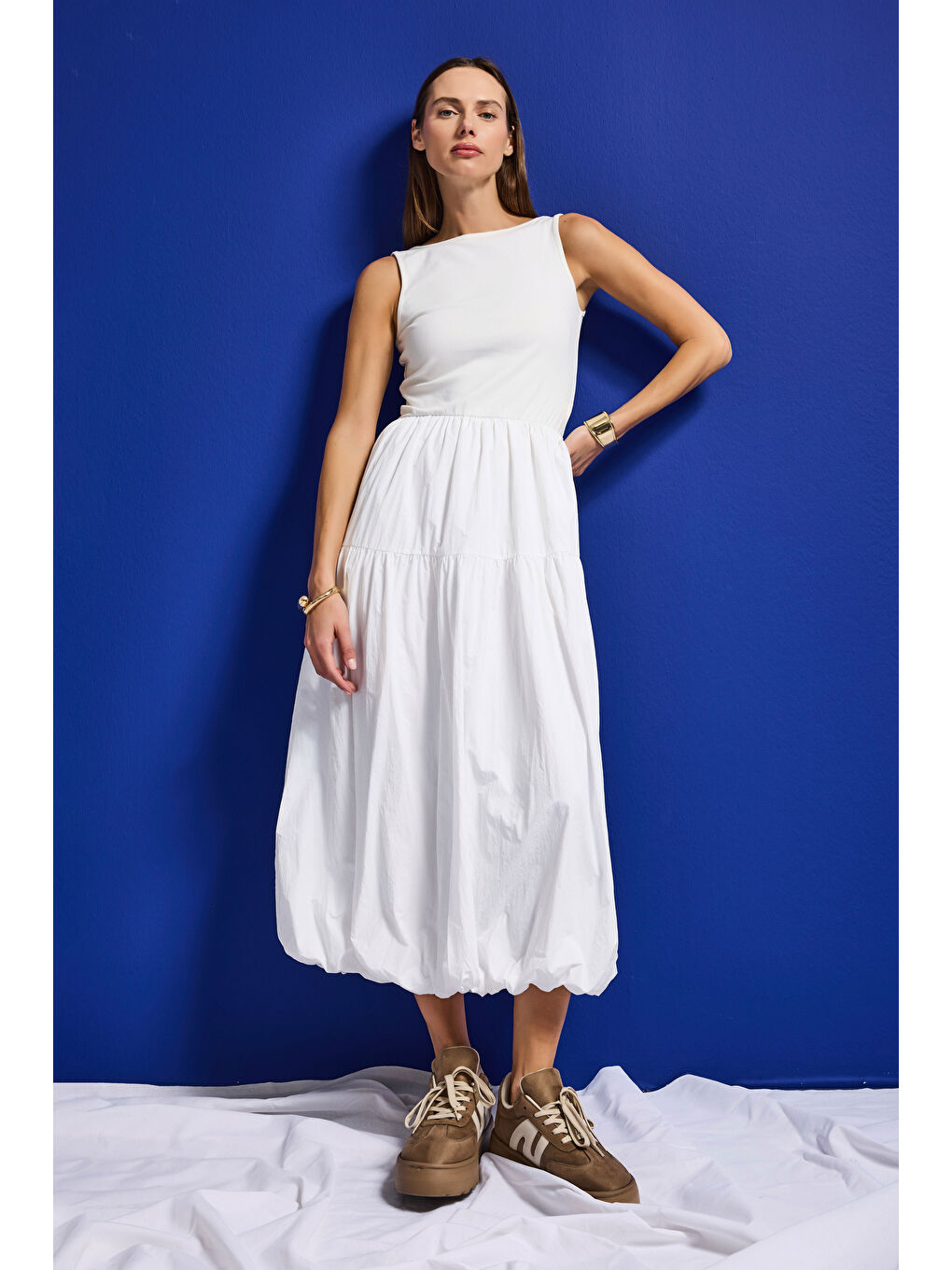 Kadın Beyaz w5 Balon Kesim %100 Organik Pamuk Tasarım Elbise