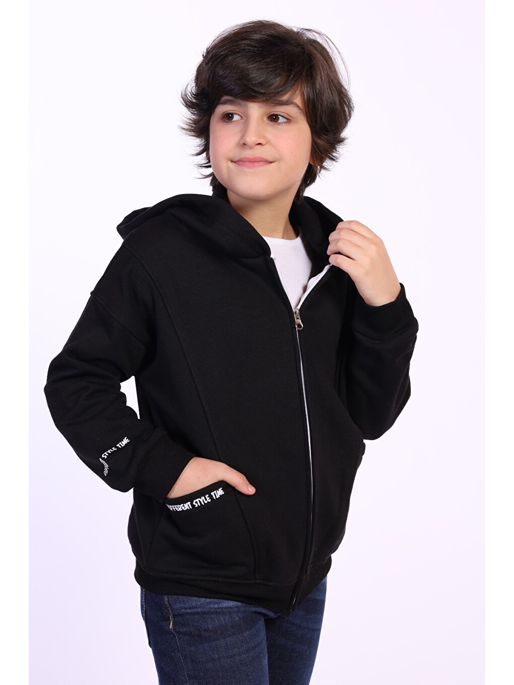 Siyah Erkek Çocuk Cep Dıfferent Style Tıme Baskılı Hırka