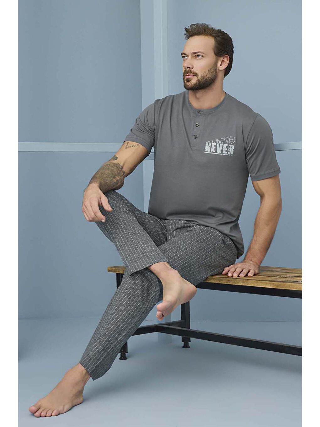 Erkek Kısa Kol Pamuklu Pijama Takımı 7966 Antrasit01-1