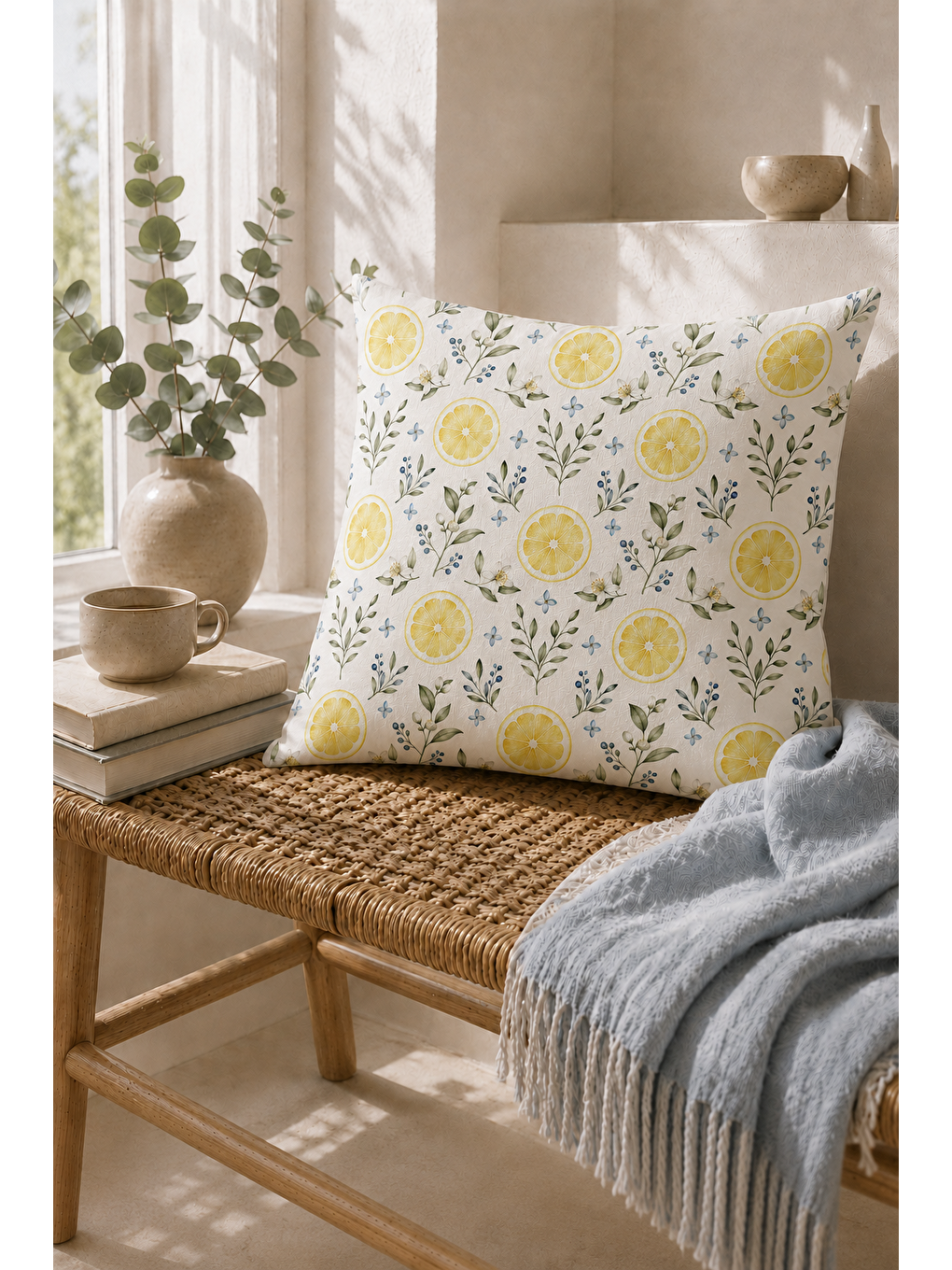 Sarı Limon Bahçesi Desenli Dekoratif Kırlent Kılıfı 43x43 Cm-6