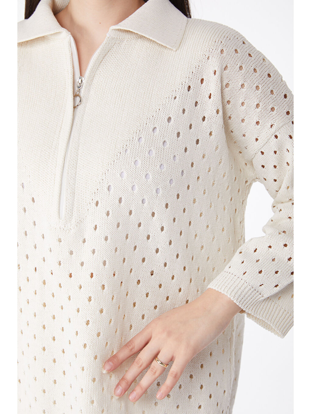 Ekru Fermurlı Delik Detaylı Triko Takım Krem - 27630-5