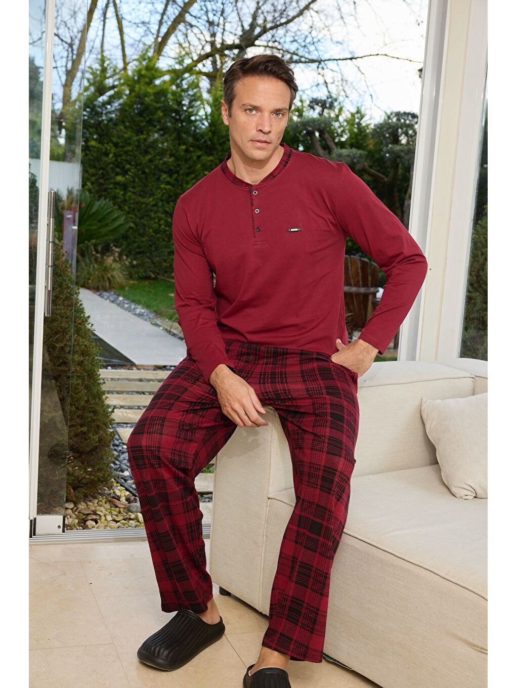Bordo Erkek %100 Doğal Pamuk Ekoseli Uzun Kollu Baskılı Kaliteli Pijama Takımı