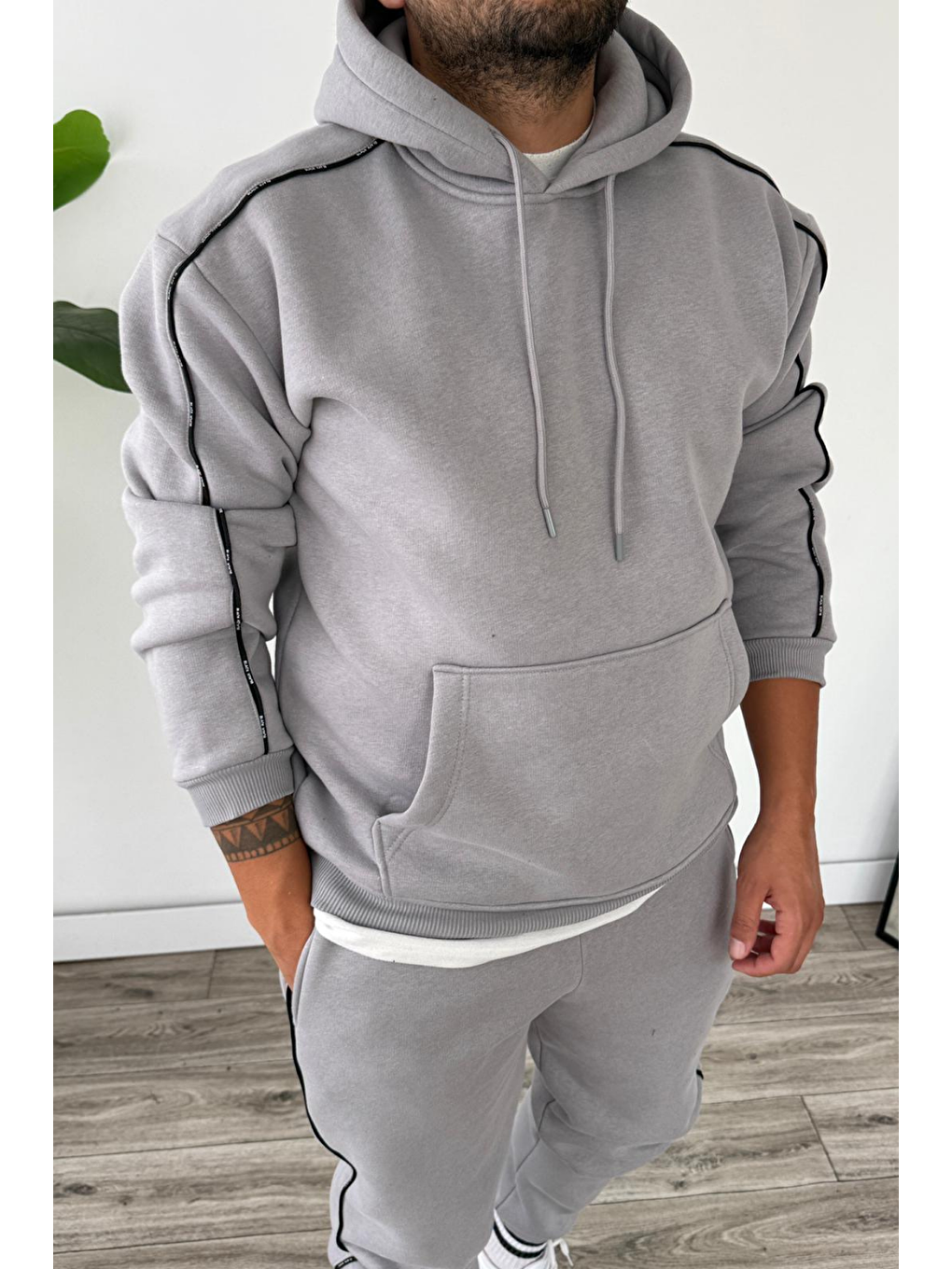 Erkek Kapüşonlu Kanguru Cepli Biyeli %100 Pamuk Alt Üst Takım Gri-1