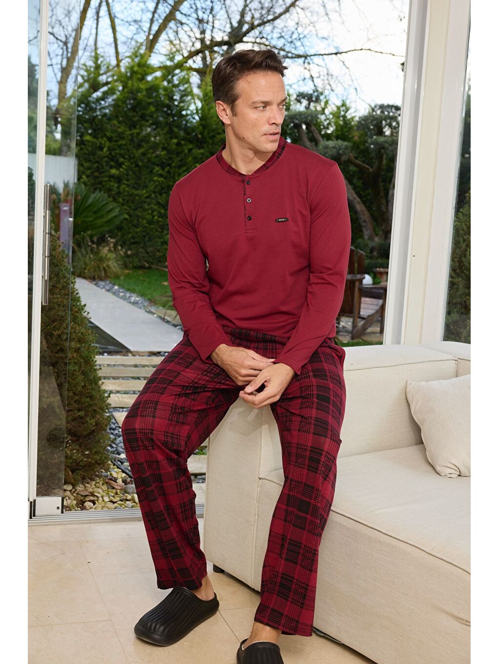 Bordo Erkek %100 Doğal Pamuk Ekoseli Uzun Kollu Baskılı Kaliteli Pijama Takımı-1