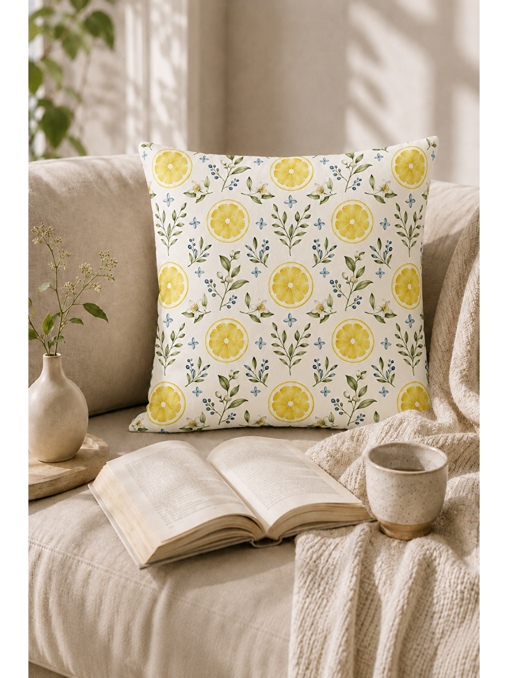 Sarı Limon Bahçesi Desenli Dekoratif Kırlent Kılıfı 43x43 Cm-7
