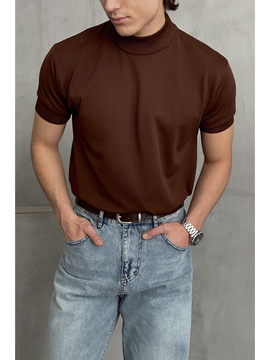 Kahverengi Erkek Oversize Yarım Balıkçı Triko T-shirt