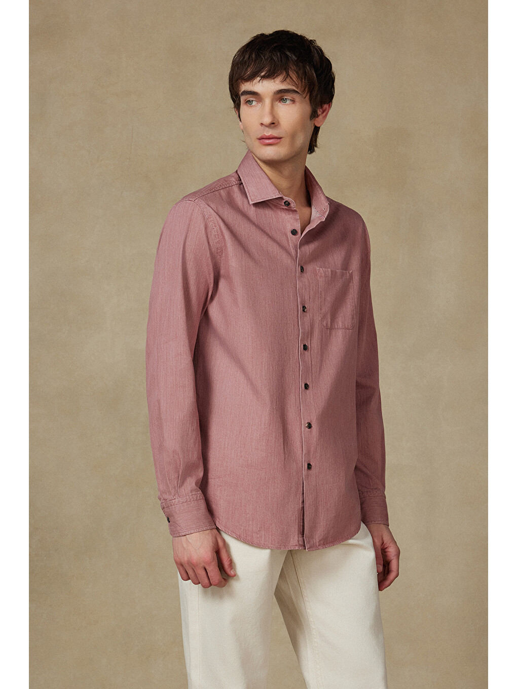 Santo Twill Pamuklu Comfort Fit Pembe Düğmeli Yaka Erkek Düz Gömlek