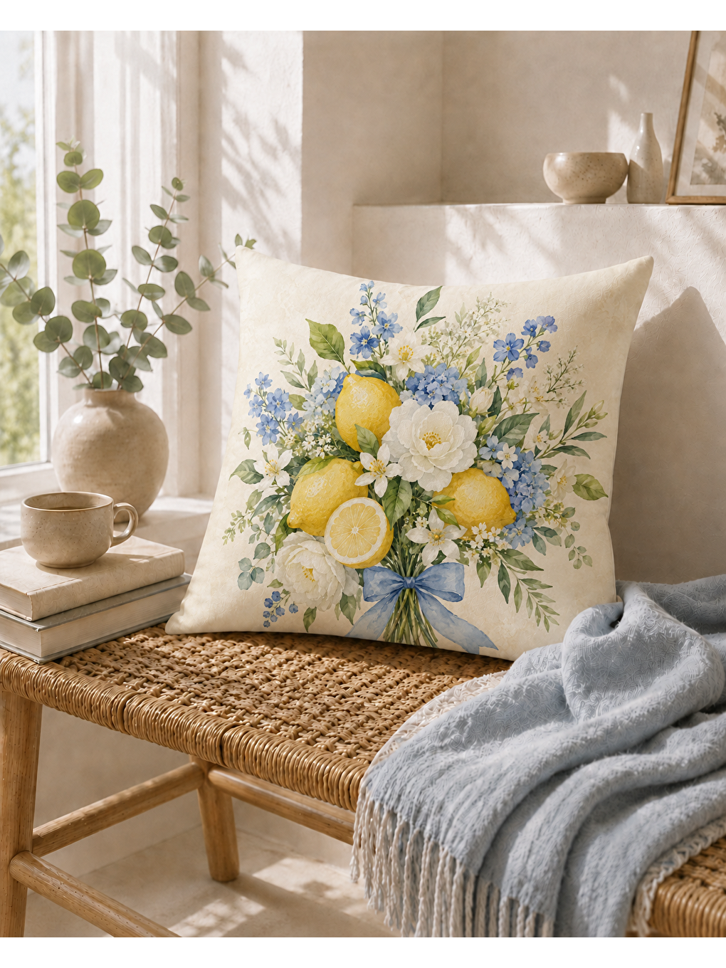 Sarı Limon Buketi Desenli Dekoratif Kırlent Kılıfı 43x43 Cm-1