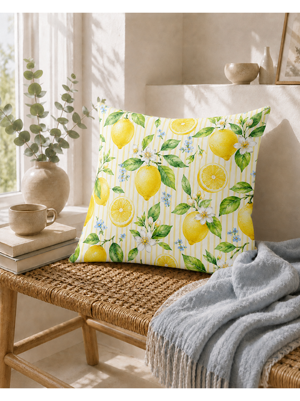 Sarı Akdeniz Limonları Desenli Dekoratif Kırlent Kılıfı 43x43 Cm-2