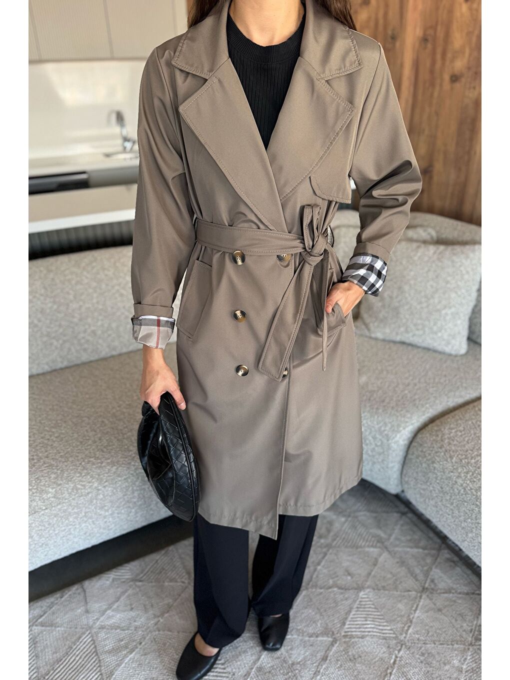 Bej Kadın Bel Kuşak Detaylı Trençkot-2