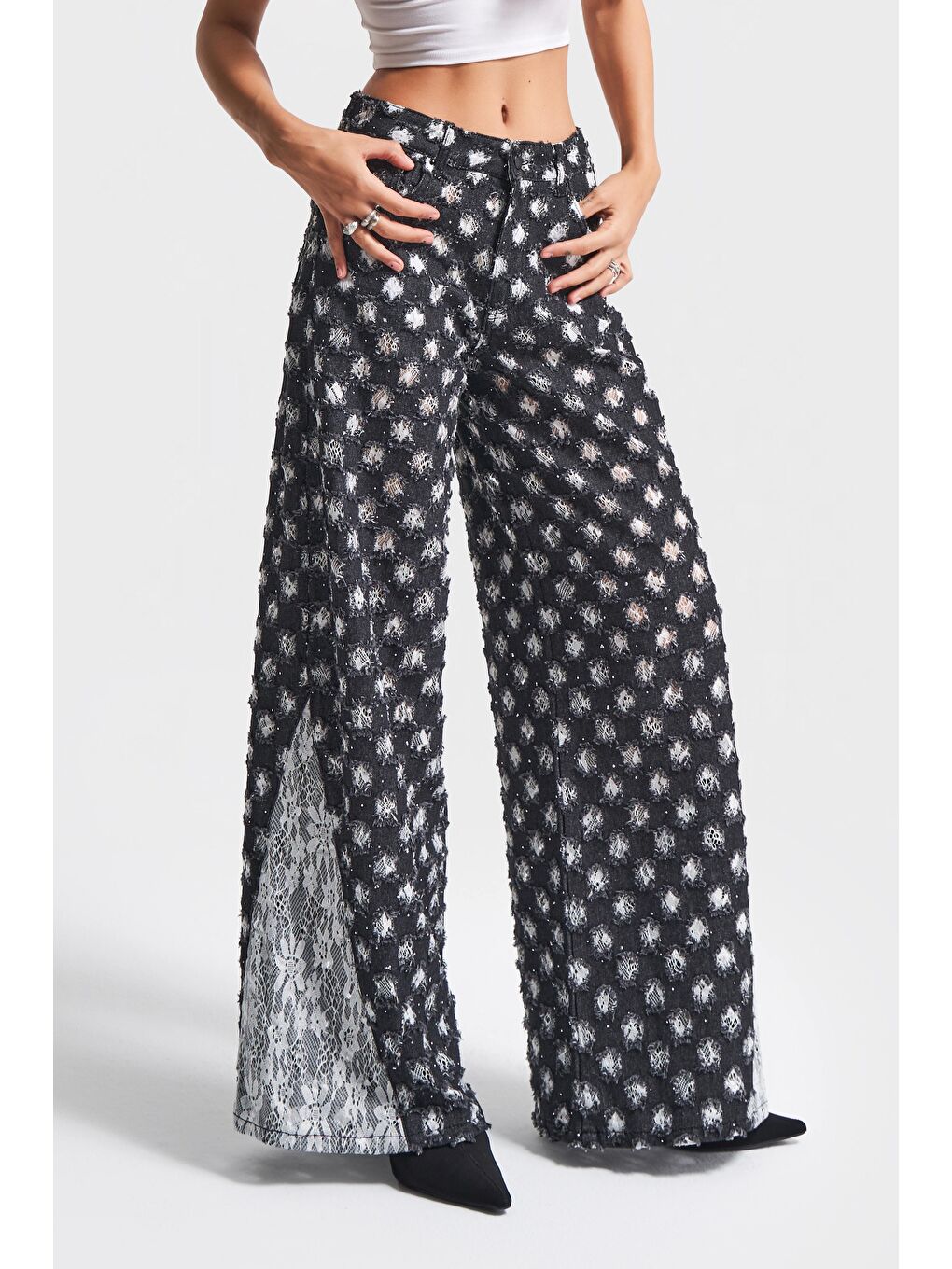 Kadın Antrasit Beyaz Renk 7w5-51 Palazzo Fit Dantel Detaylı Özel Kumaş Tasarım Denim Jean