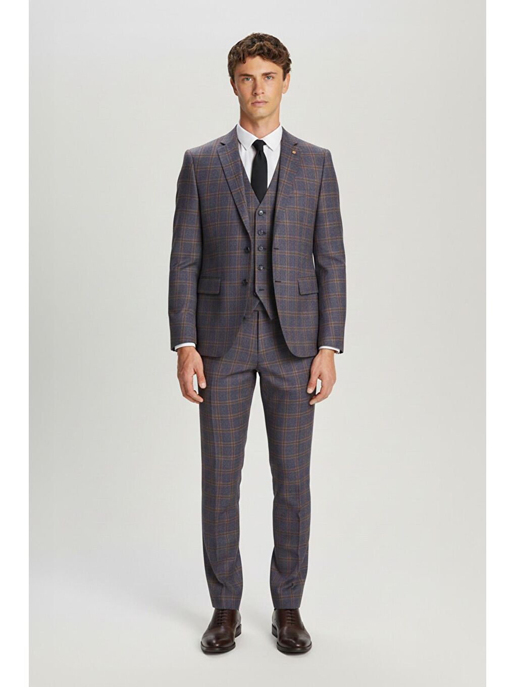 Giotelli Bordo Slim Fit Kareli Mono Yaka Yelekli Takım Elbise-1