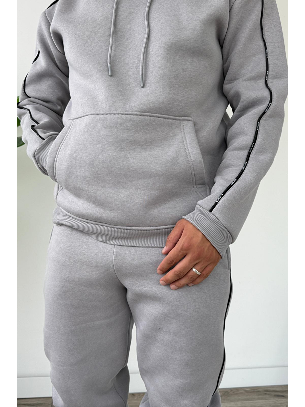 Erkek Kapüşonlu Kanguru Cepli Biyeli %100 Pamuk Alt Üst Takım Gri-2